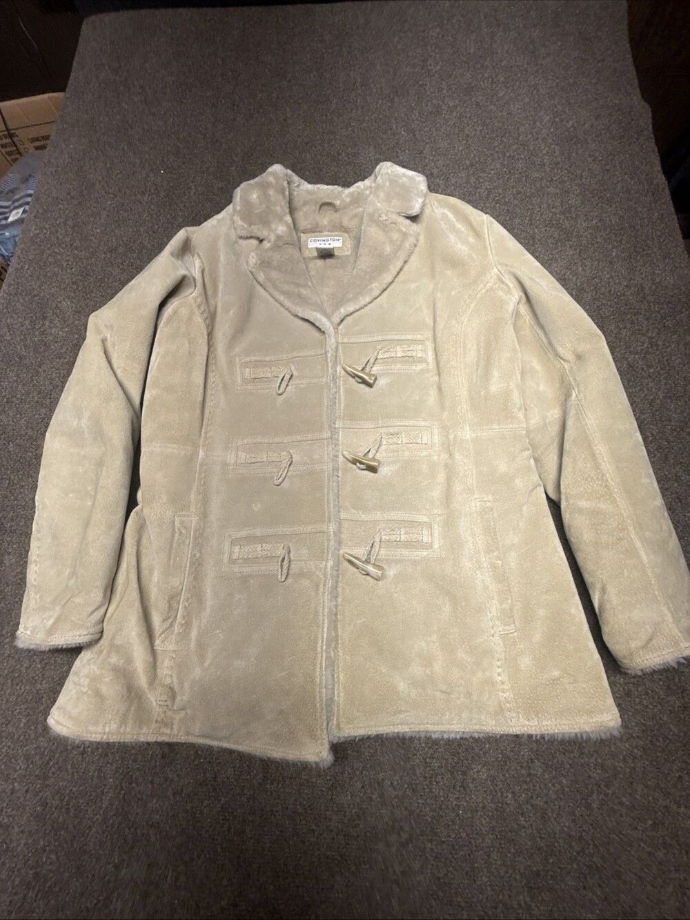 Vintage Covington Suede Shearling Toggle Coat Beige Plush Collar Large